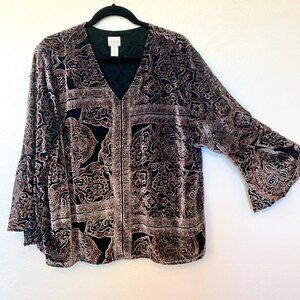 Chico’s tunic top SZ 3 XL velvet blouse Bell sleeves V-Neck